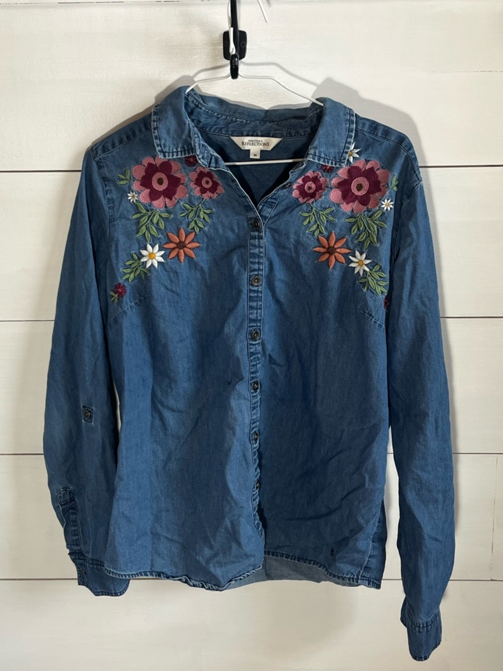 Northern Reflections Denim Button-Up Shirt with Floral Embroidery